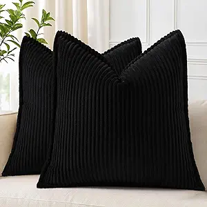 decorUhome Corduroy Black Throw Pillow Covers 16x16 Set of 2 Decorative Soft Boho Striped Neutral Euro Farmhouse Couch Pillow Cases with Broadside for Living Room Bed Sofa