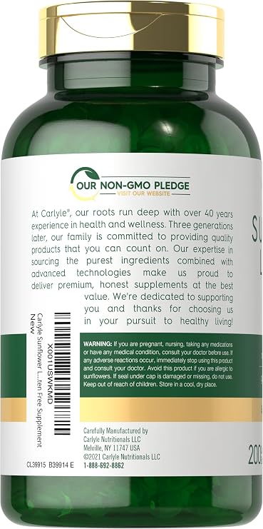 Carlyle Sunflower Lecithin Softgel Capsules | 2400mg | 200 Pills | Rich in Phosphatidyl Choline | Non-GMO, Soy Free, Gluten Free Supplement