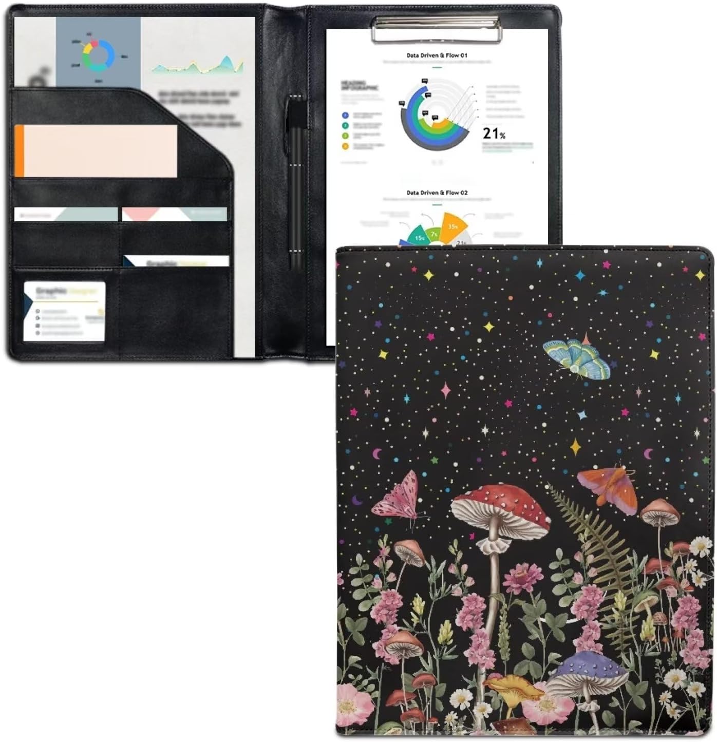 Dreaweet Mushroom Print Padfolio Clipboard Folder Leather Portfolio Organizer Binder for Women,Cute Business Organizer Suitable for Interviews,Resumes,and Conference Documents