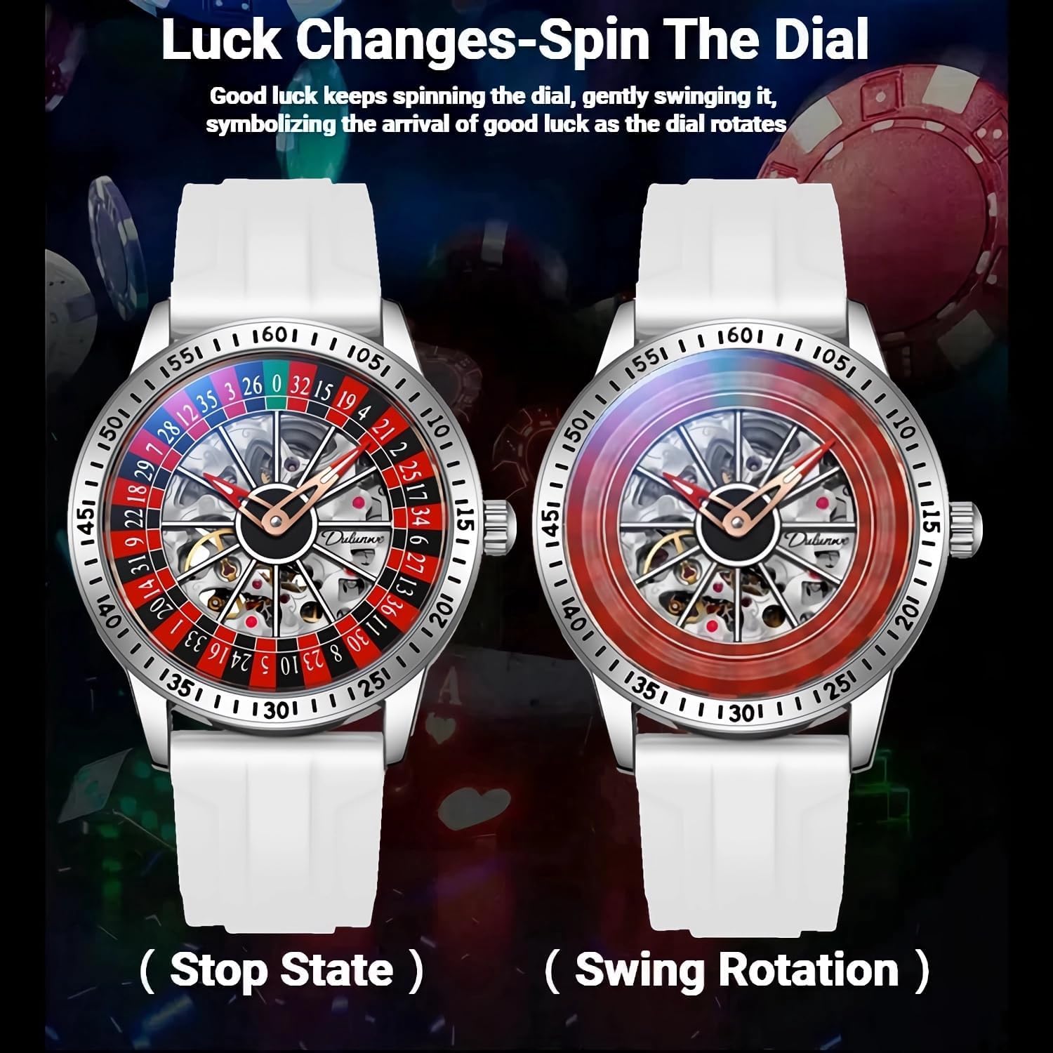 MASTOP Roulette Wheel Męskie zegarki Automatyczny zegarek mechaniczny dla mężczyzn Swinging Rotary Dial Design Hollow Szkielet Zegarki Ze Stali Nierdzewnej Wodoodporny Zegarek Biznesowy, Guma Biała,