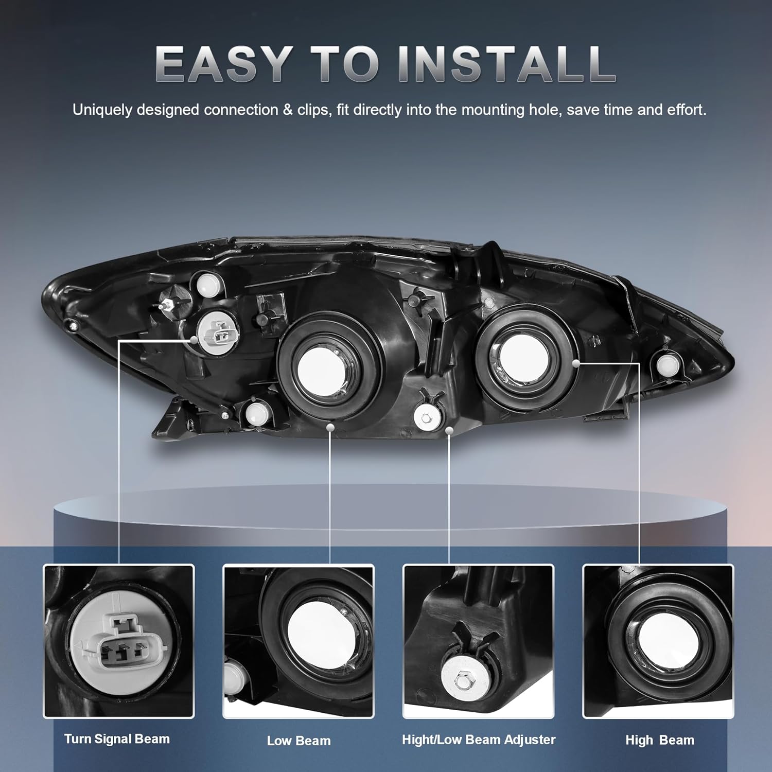 Headlights Assembly Compatible with 2002 2003 2004 Toyota Camry Halogen with Clear Lens Black Housing Amber Reflector Front Lamps Driver and Passenger Side (Set of 2) 81510-AA060