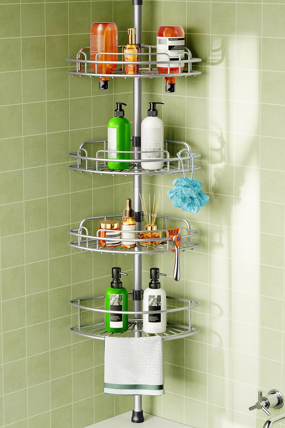 HAMITOR Corner Shower Caddy Tension Pole 4-Tier Rust-Resistant Adjustable Bathroom Organizer Shelves - 47-121 Inch No-Drill Quick Installation