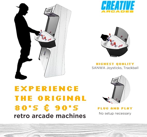 Creative Arcades Full-Size Commercial Grade Cabinet Arcade Machines | Stools Included | Slim Woodgrain Edition | 32 Screen (6296 Games (4-Player), White Woodgrain)