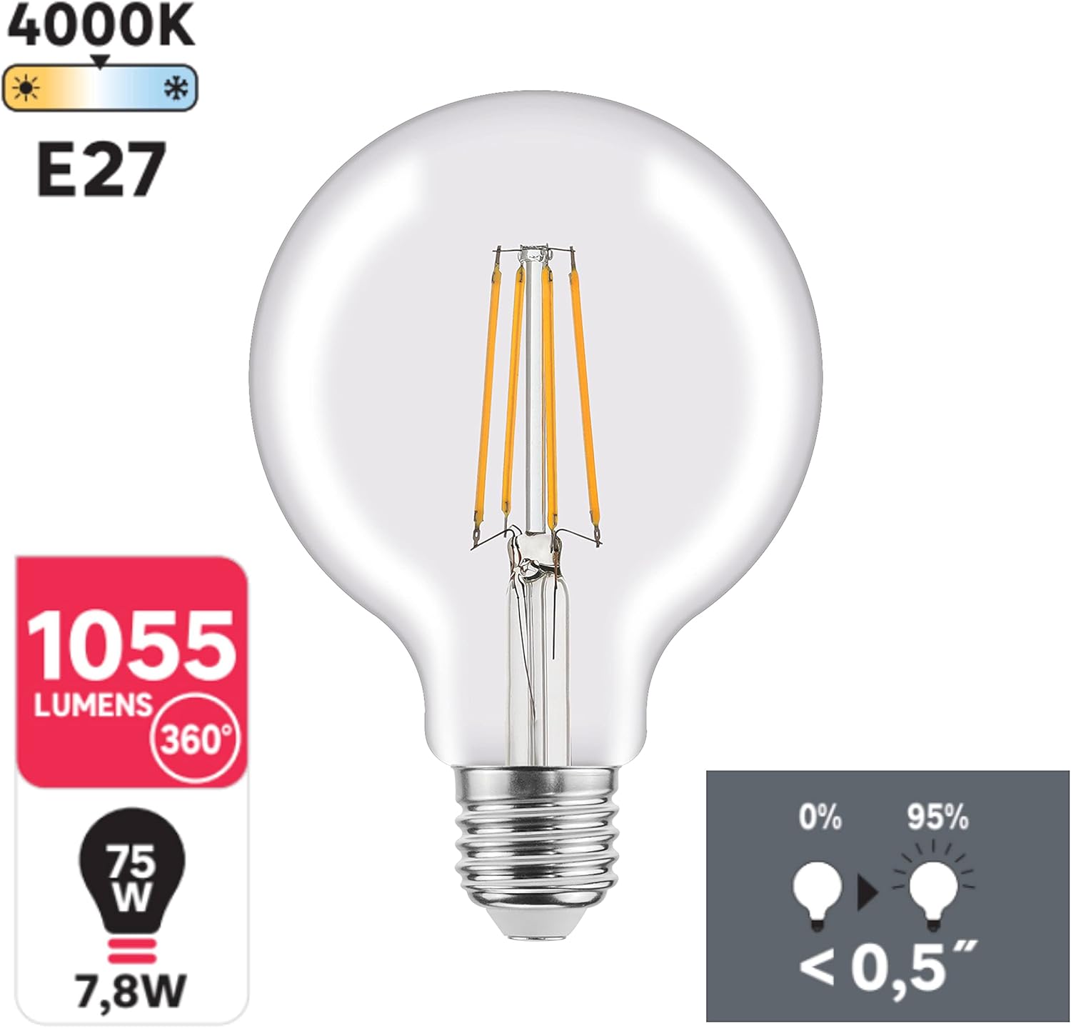 LEXMAN LED Filament Globe Bulb with specifications: 4000K, E27 base, 1055 lumens, 7.8W (75W equivalent), and instant-on feature.