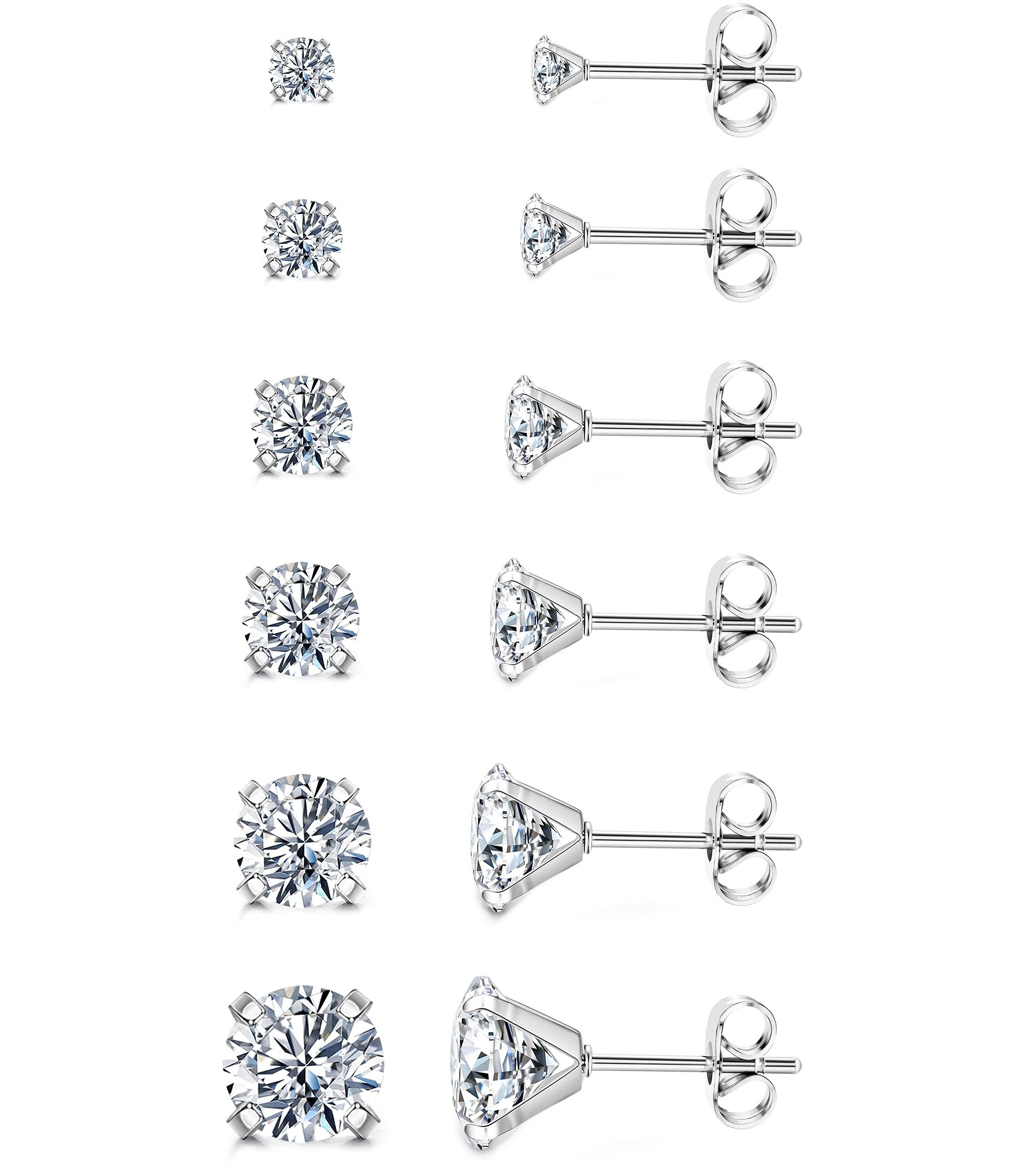 Studs Small Earrings Hypoallergenic 6 Pairs Tiny Ear Studs，Diamond Earrings Set for Women Men Girls Size: 3/4/5/6/7/8mm