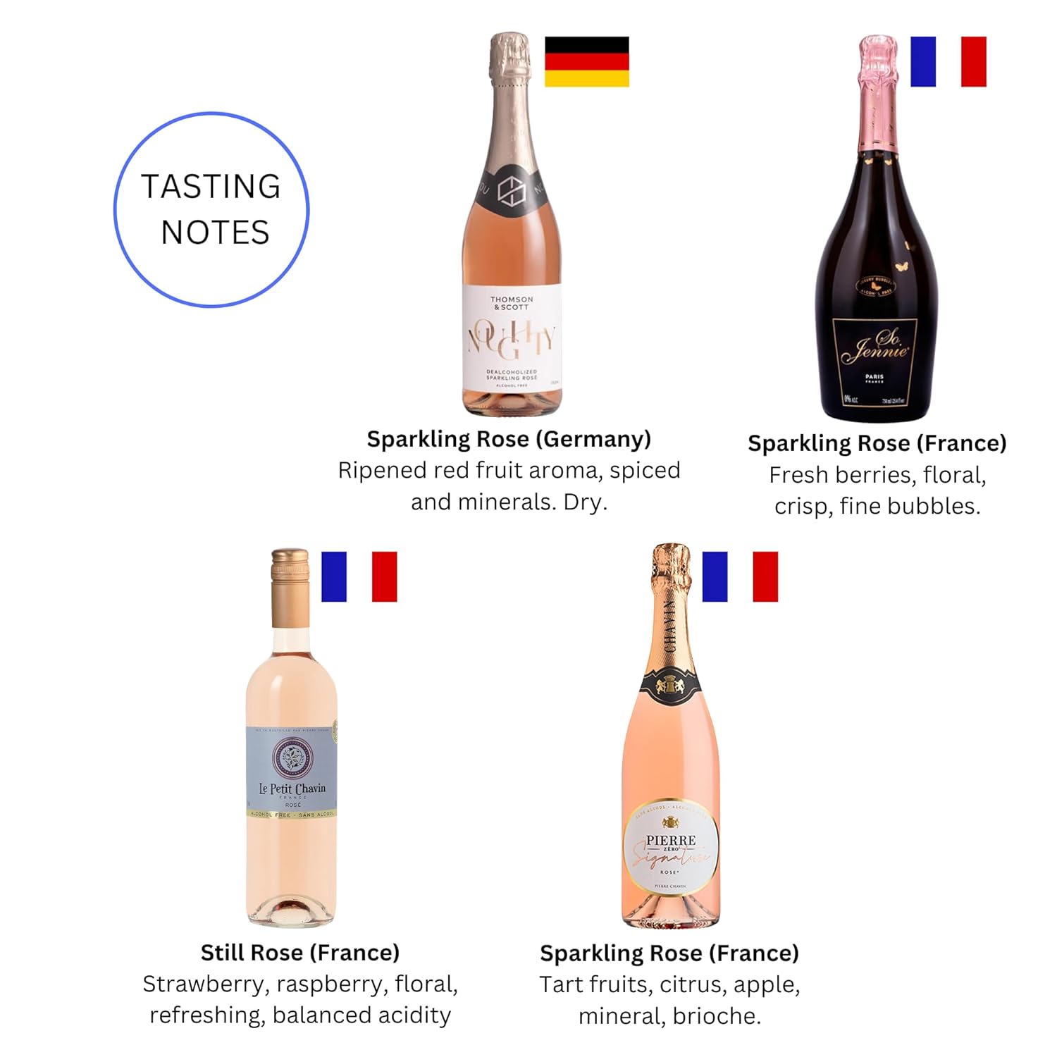 Non-Alcoholic Rosé Wine Sampler - 4 Bottles (25.4 Fl Oz Each) So Jennie Sparkling, Le Petit Chavin, Pierre Zéro Signature, Noughty Rose Sparkling (France, Germany)