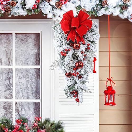 Miniatura 7 de Corona de Navidad artificial de 17.7 pulgadas con luces decoradas con lazo grande, conos de pino, racimos de bayas, ramas esmeriladas, colgante para