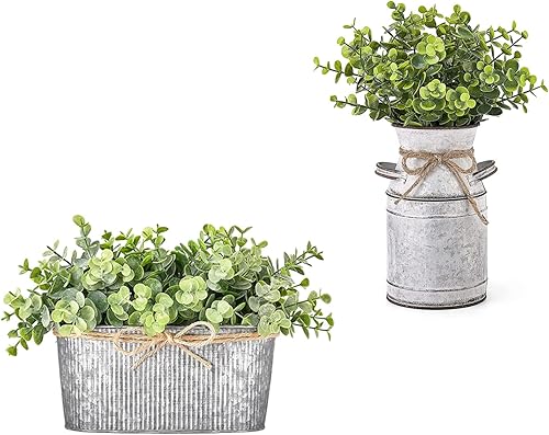 Dahey Florero de metal con eucalipto artificial, rústico, shabby chic, decoración de granja y plantas artificiales de eucalipto sintético de