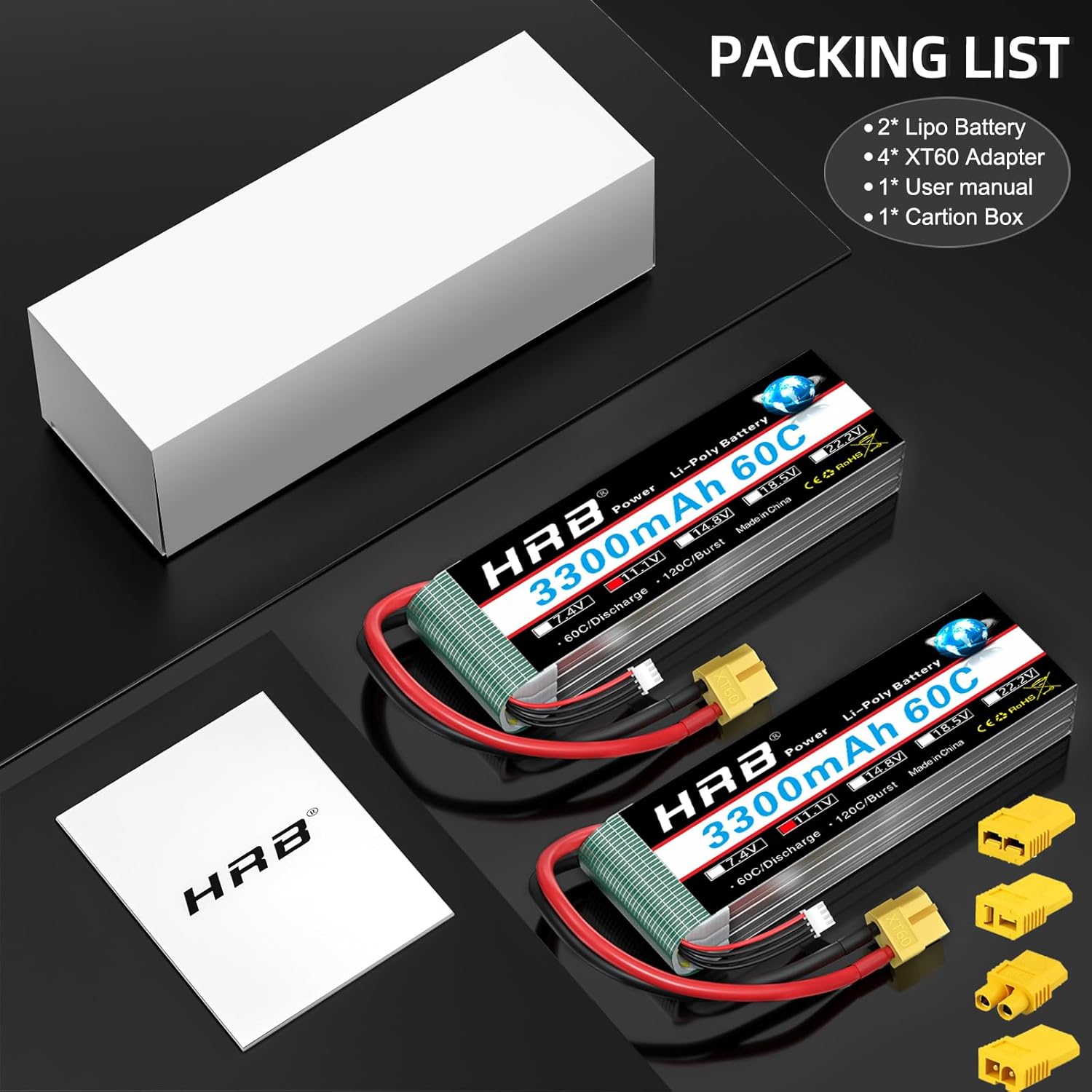 HRB 2PCS 3S 3300mAh Lipo Battery 11.1V 60C XT60 RC Lipo Battery Compatible with RC Car Truck Quadcopter Airplane Helicopter Boat