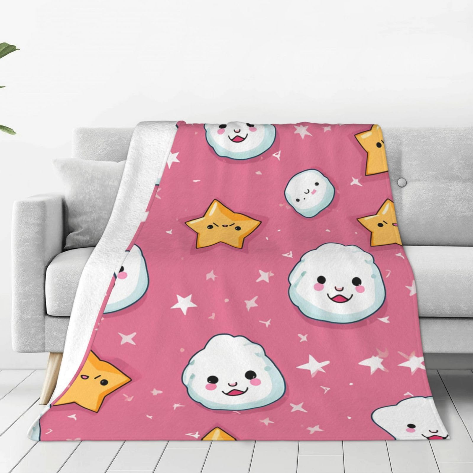 Cute Rice Balls and Stars Pattern Throw Blanket for Couch, Plush Fuzzy Soft Flannel Blankets and Throws for Sofa, 40"x30" Bed Blankets for Travel Camping Chair, All Season Warm Fleece Blanket
