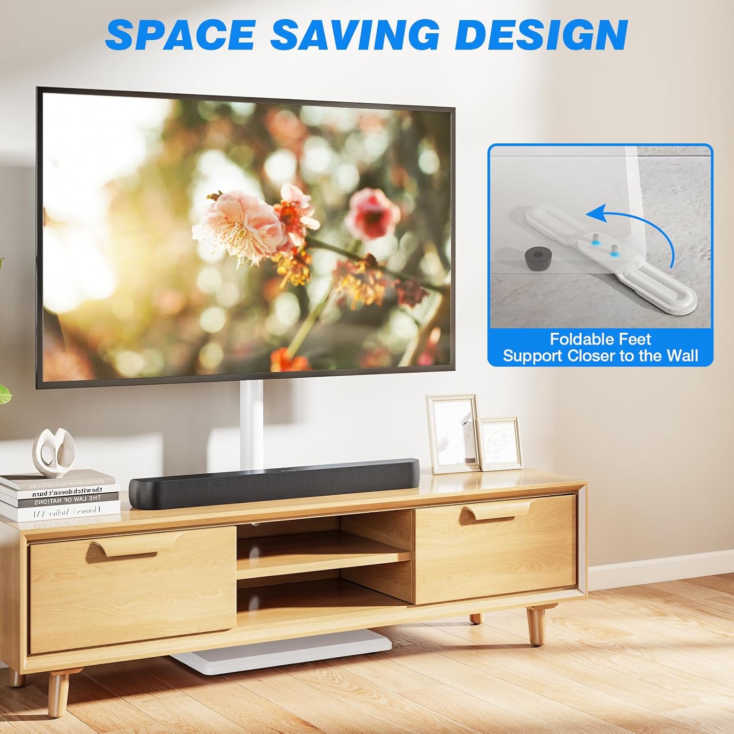 Rfiver Floor TV Stand with Mount for 32-60 inch TVs up to 88 lbs, Swivel Height AdjustableTV Floor Stand, Tall TV Stand with Wood Base, Saving Space Design for Living Room, Bedroom and Corner