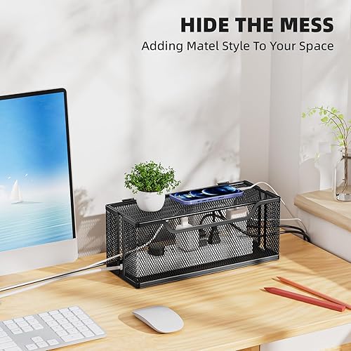 Miniatura 6 de Marbrasse Paquete de 3 cajas de organización de cables, caja organizadora de cables de malla metálica para cables de TV, ocultación eléctrica,