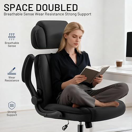 Miniatura 5 de Silla de oficina ergonómica con reposacabezas ajustable, silla de escritorio ejecutiva de piel sintética, reposabrazos abatibles acolchados, soporte