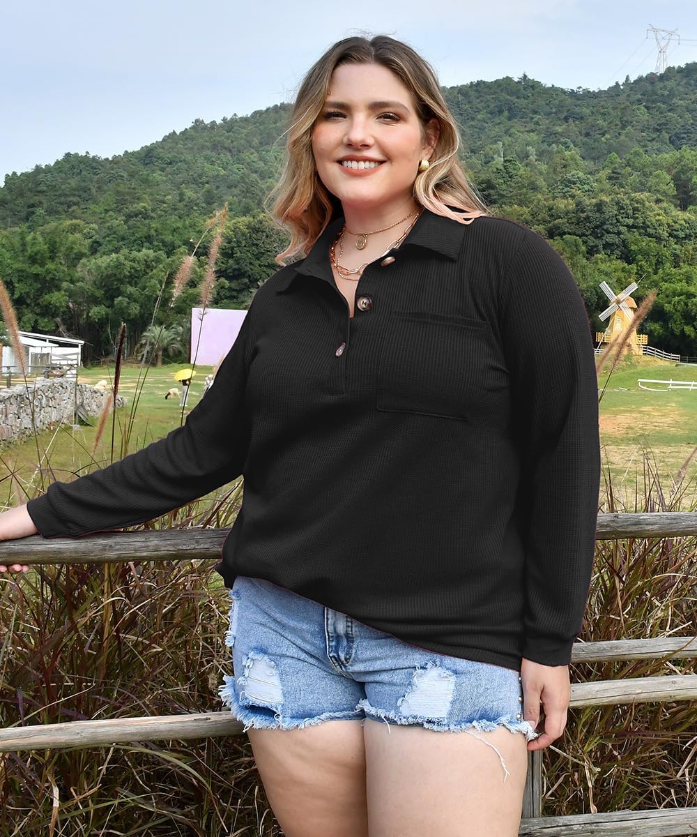 CARCOS Plus Size Tops for Women Waffle Knit Henley Shirts Long Sleeve Button V Neck Tunics Casual Solid Blouse with Pocket - Image 3