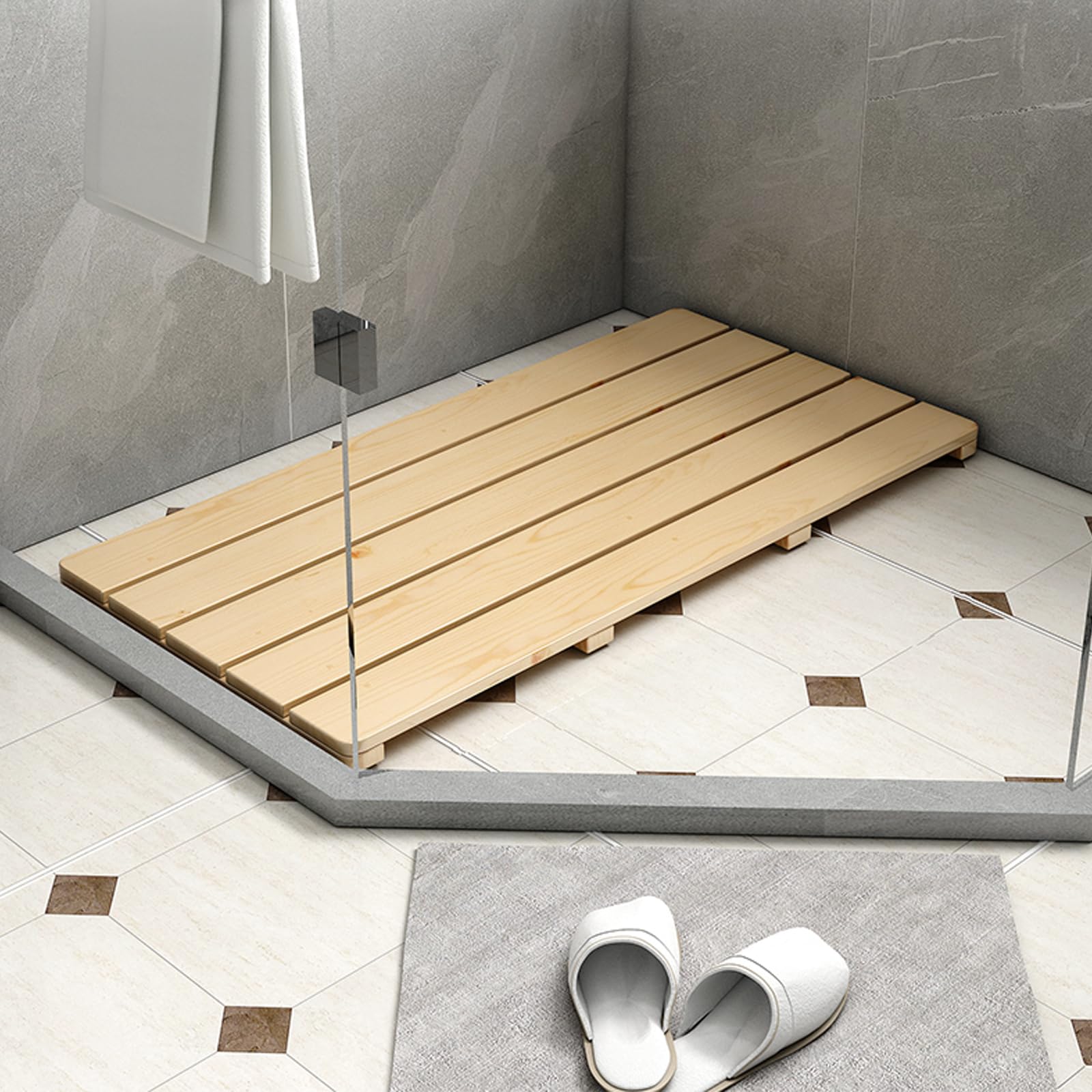 Caillebotis de Douche Rectangulaire,Tapis de Bain en Bois Naturel,Tapis de Bain en Bambou,Tapis de Douche Antidérapant pour Cuisine et Salle de Bain,Tapis de Séchage Imperméable (30x60cm/12x24in)