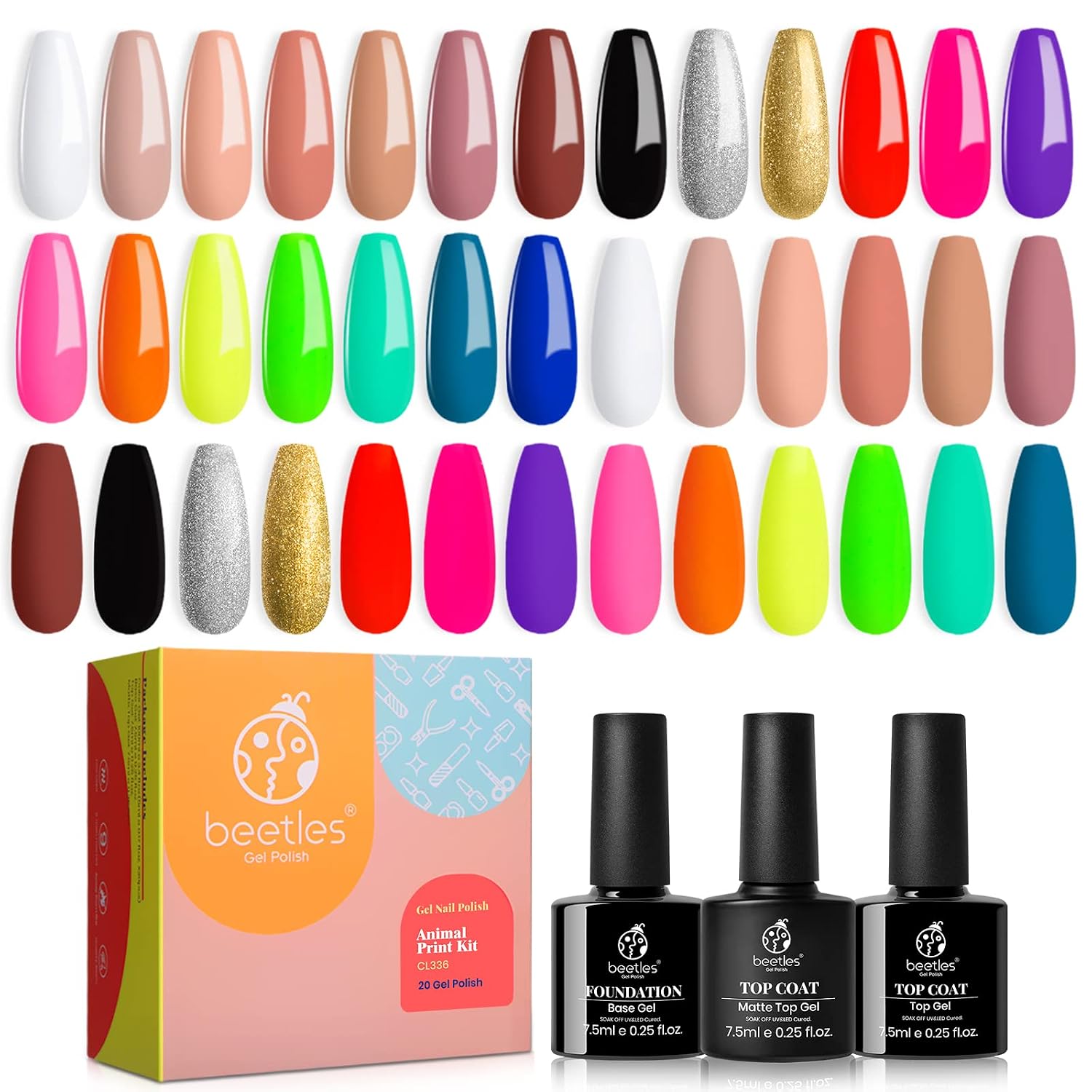 Beetles 20 Pcs Gel Nail Polish Kit, Animal Print Collection Soak off Nail Gel Polish White Black Nail Polish Nude Glitter Neon Orange Yellow Gel Polish Set with Glossy & Matte Top Coat and Base Coat