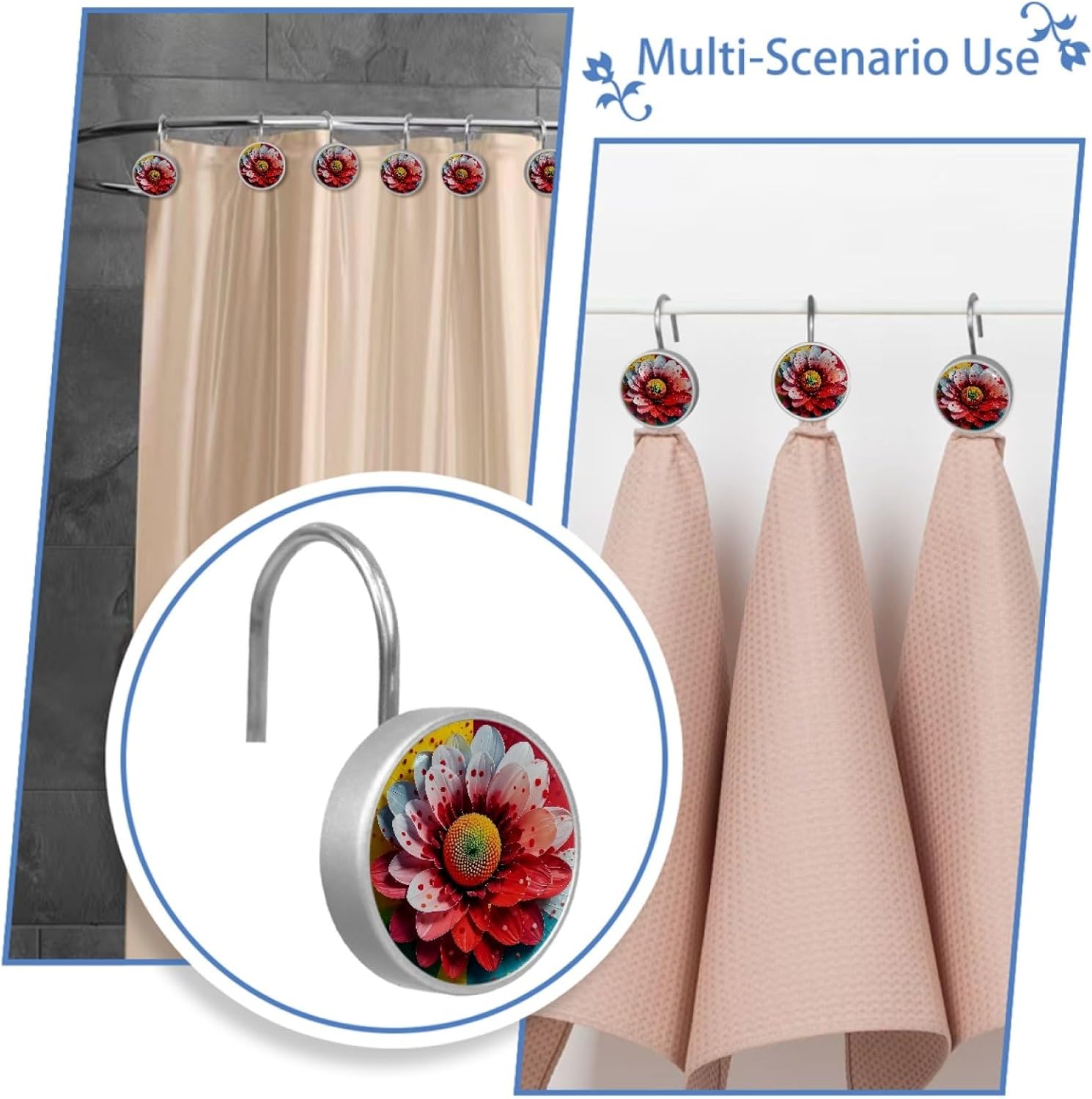 Bright Flower Shower Curtain Hooks, Crystal Glass Rust Resistant Shower Curtain Rings for Bathroom Shower Rod, Decorative Shower Hooks Shower Curtain Hanger Rings Roller