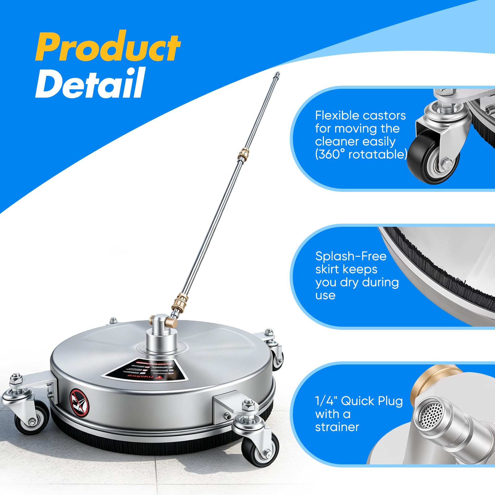 Limpiador Superficies para Hidrolavadoras, Limpiador Superficies 15" Máquina para Limpiar Adoquines con 4 Ruedas Carcasa Acero Inoxidable Conector Rápido 1/4 Pulgada y 2 Lanzas Extensión (15")