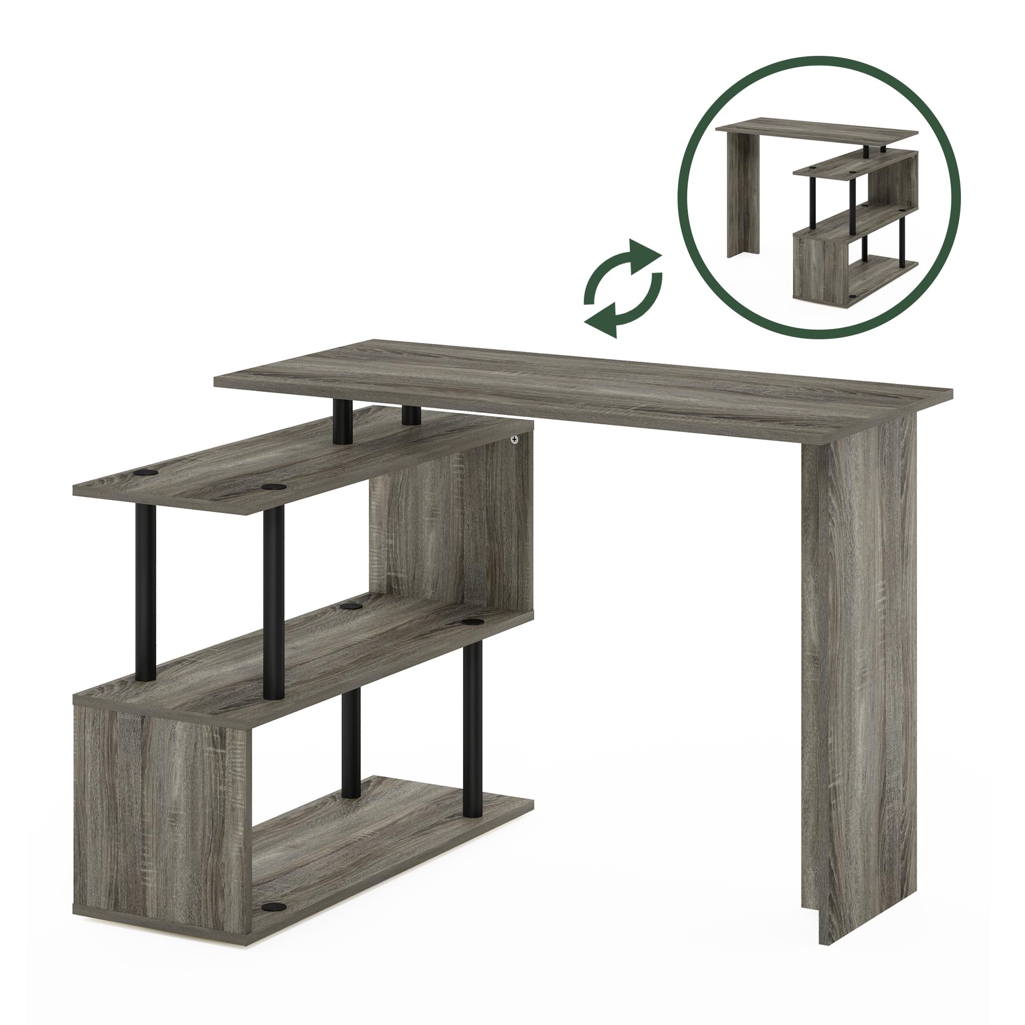 Furinno Komputer w kształcie litery L, biurko, do nauki, drewno inżynieryjne, dąb francuski/czarny, 100,1 (szer.) x 72,4 (wys.) x 80 (gł.) cm