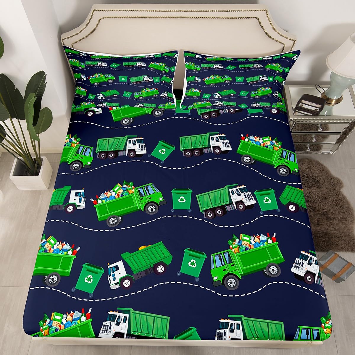 Garbage Trucks Fitted Sheet Queen Size Kids Cartoon Car Bedding Set for Boys Teens Rubbish Car Bed Sheet Set Breathable Vehicles Blue Green Bed Cover