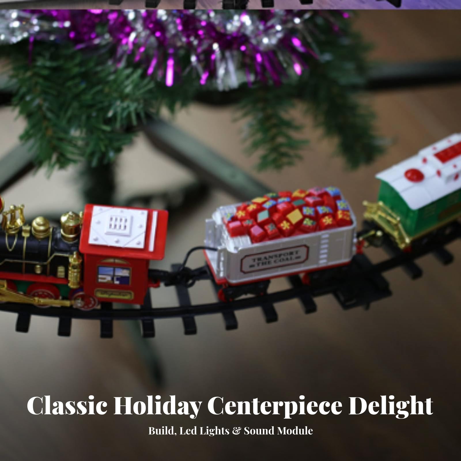 Almencla Trenino di Natale in Plastica con Binario Circolare Decorativo Treno Giocattolo Vapore Natalizio con Carrozze Acustico per Bambini, Soggiorno
