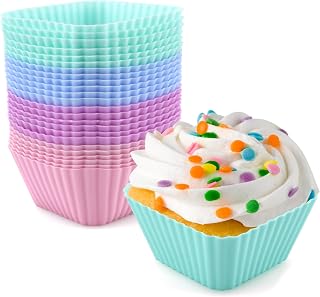 24 Pack Silicone Baking Cups Square Reusable Nonstick Cupcake Liners Food Grade BPA Free Multicolor Mini Cake Molds for Muffins and Bento Box Accessories Standard Size Baking Cup Liners