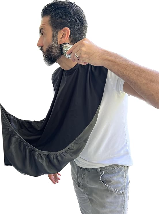 Premium Quality Beard Bib - Beard Cape, Beard Catcher - Mens Grooming Cape For Shaping and Trimming - One Size Fits All - Static & Stick Free Fabric, Black