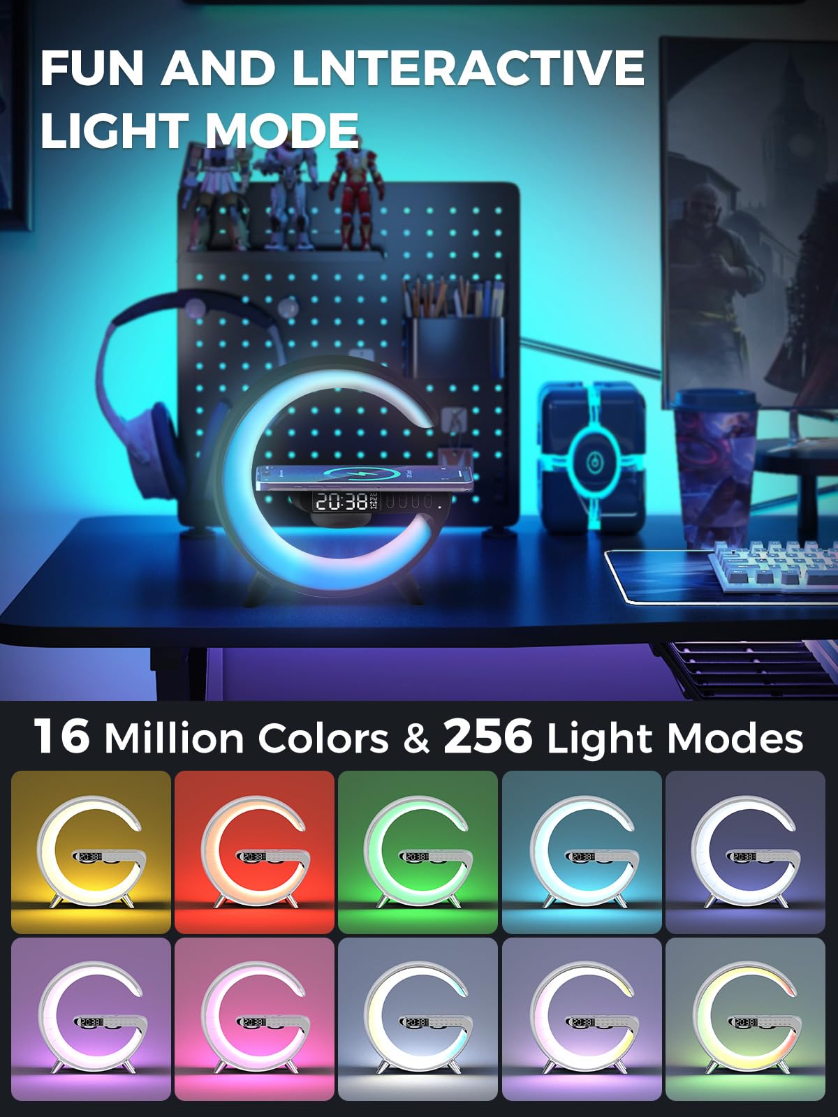 Smiling Shark Wake Up Light, Sveglia Luce LED Intelligente【Piccolo Negro】Con Altoparlante Bluetooth & Ricarica Senza Fili 16 Milioni di Colori Per Adulti & Bambini, Luce-Sveglia-da-Comodino