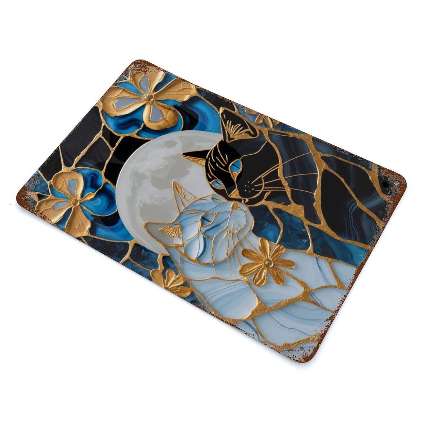 Love Cat Kintsugi Art Aged Metal Wall Plaque 11.8"x7.9", Farmhouse Wall Decor for Office, Studio And Wall Decor