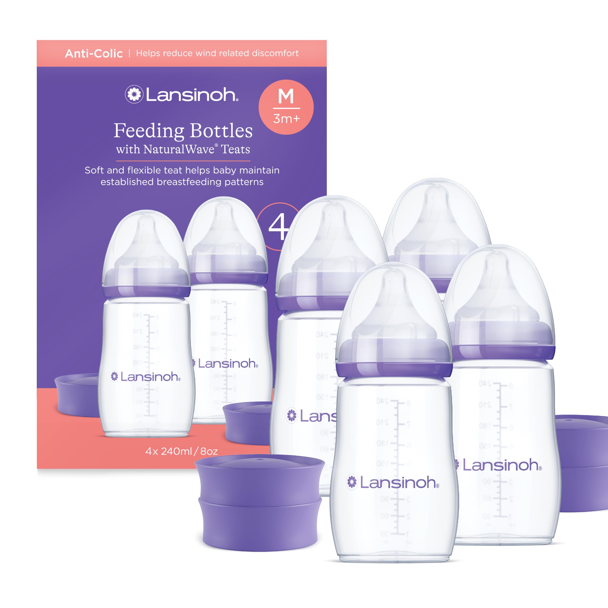 Anti Colic Baby Bottle - 240ml - NaturalWave® Medium Flow Teats Reduces Nipple Confusion + New Stackable Lid Breast Milk Storage Bottles Breastfeeding Bottle Feeding - Baby Bottles 4-Pack