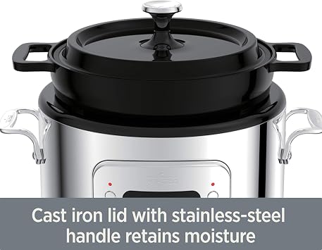 All-Clad 5 Quart 7-in-1 Electric Slow Cooker with Stainless Steel and Cast Iron, 1200W - Black Enamel Crock