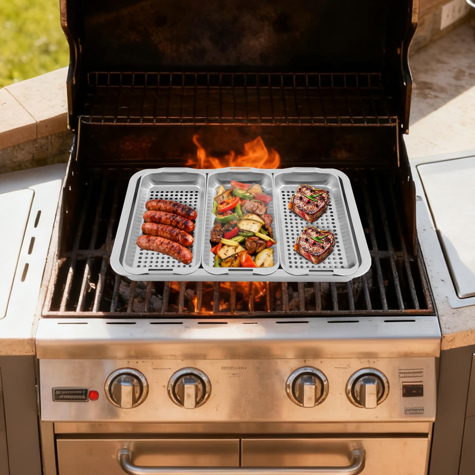 Set di 3 ciotole per barbecue, in acciaio inox, per barbecue, per esterni, accessori per verdure, pesce o carne, griglia per barbecue a gas