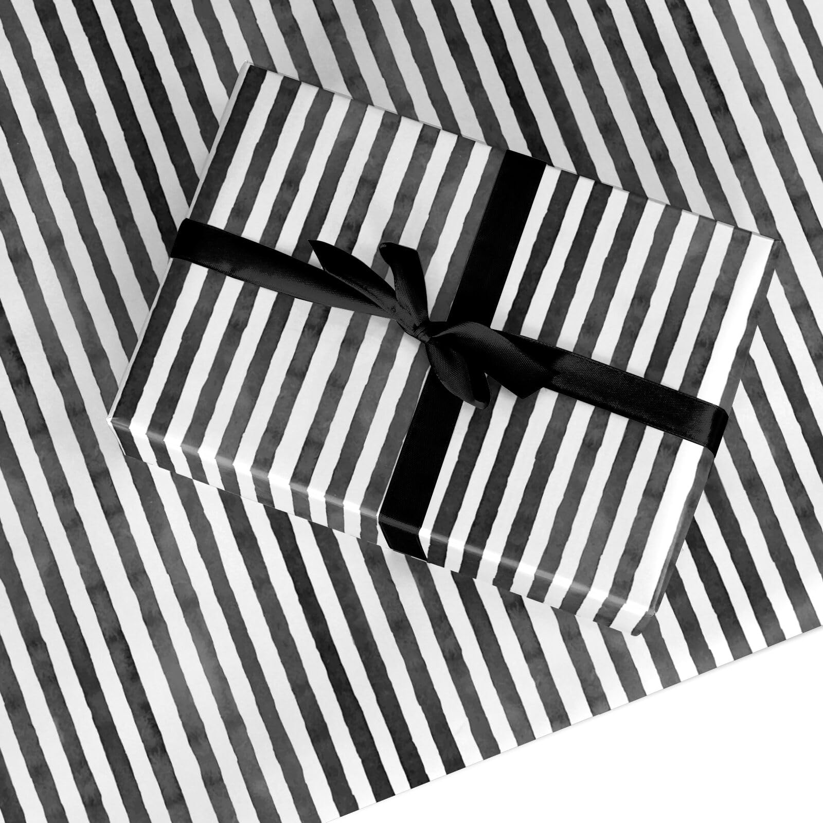 Black and White Striped Wrapping Paper - Halloween & Gothic Party Gift Wrap for Birthdays, Spooky Celebrations & Special Occasions - Monochrome - Made in the UK - 2 Sheets (50cmx70cm)