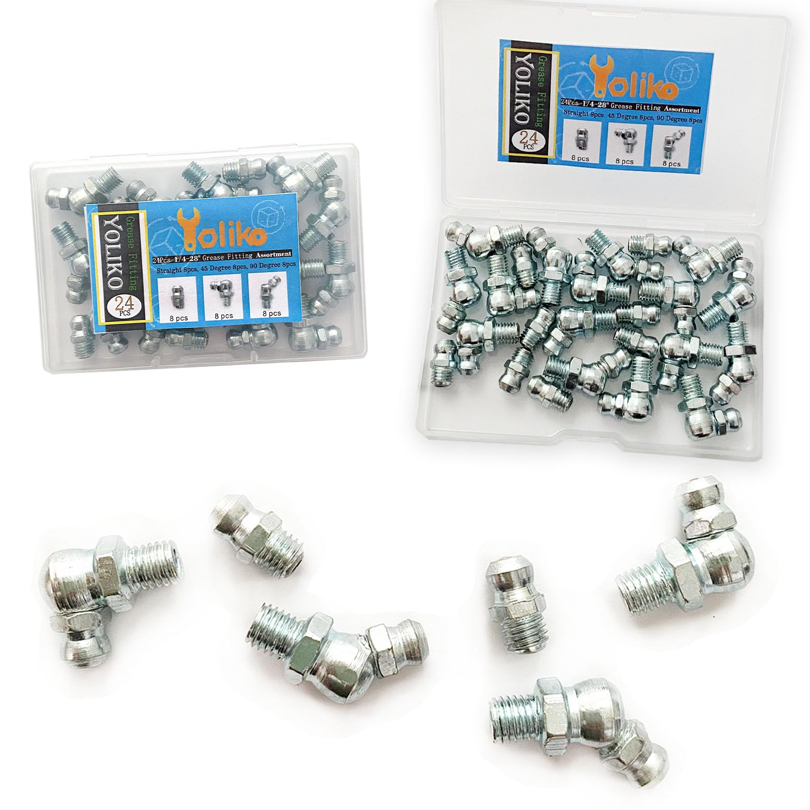1/4"-28 24Pcs Grease Fitting Assortment Straight 45 90 Degree Grease Zerk Fittings, Galvanized Steel Grease Fittings and grease gun tips for Industrial/Agricultural Machinery Cars Ships ets