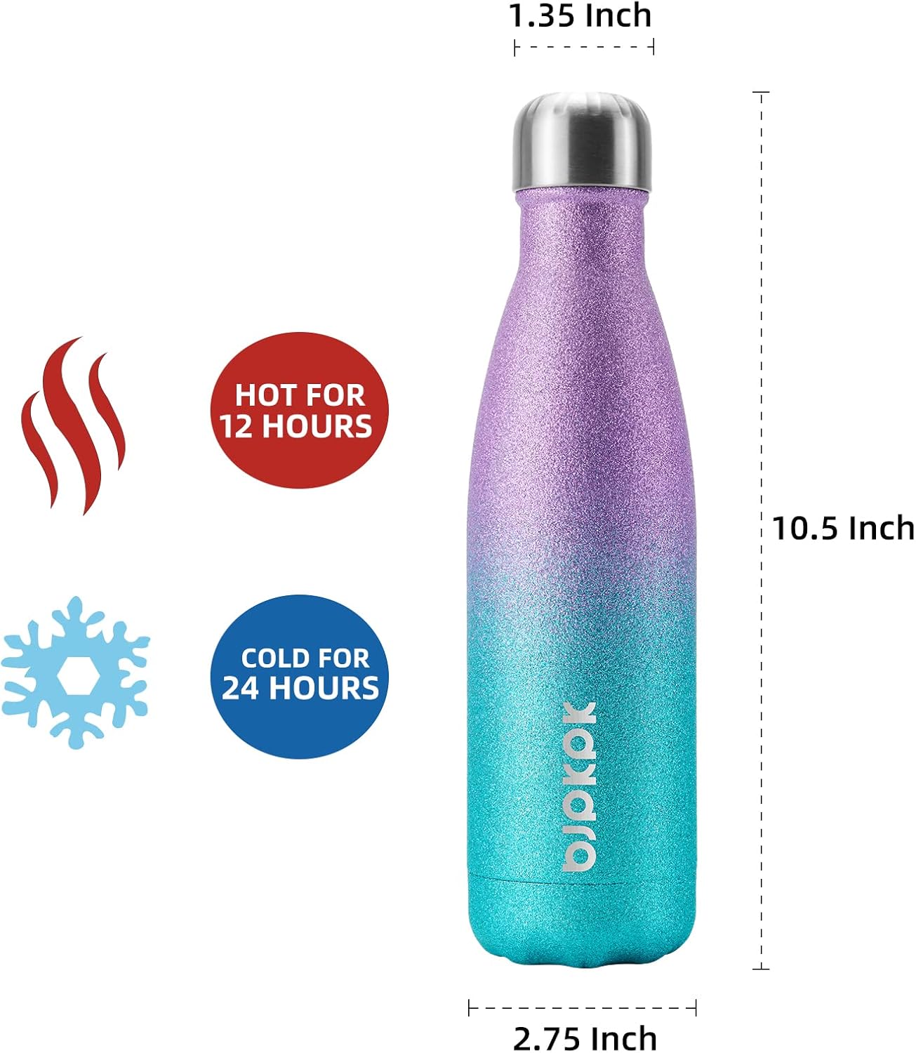 BJPKPK Insulated Water Bottles -17oz/500ml -Stainless Steel Water Bottles,Sports Water Bottles Keep Cold for 24 Hours and Hot for 12 Hours,BPA Free Kids Water Bottle for School-Glitter Purple Green