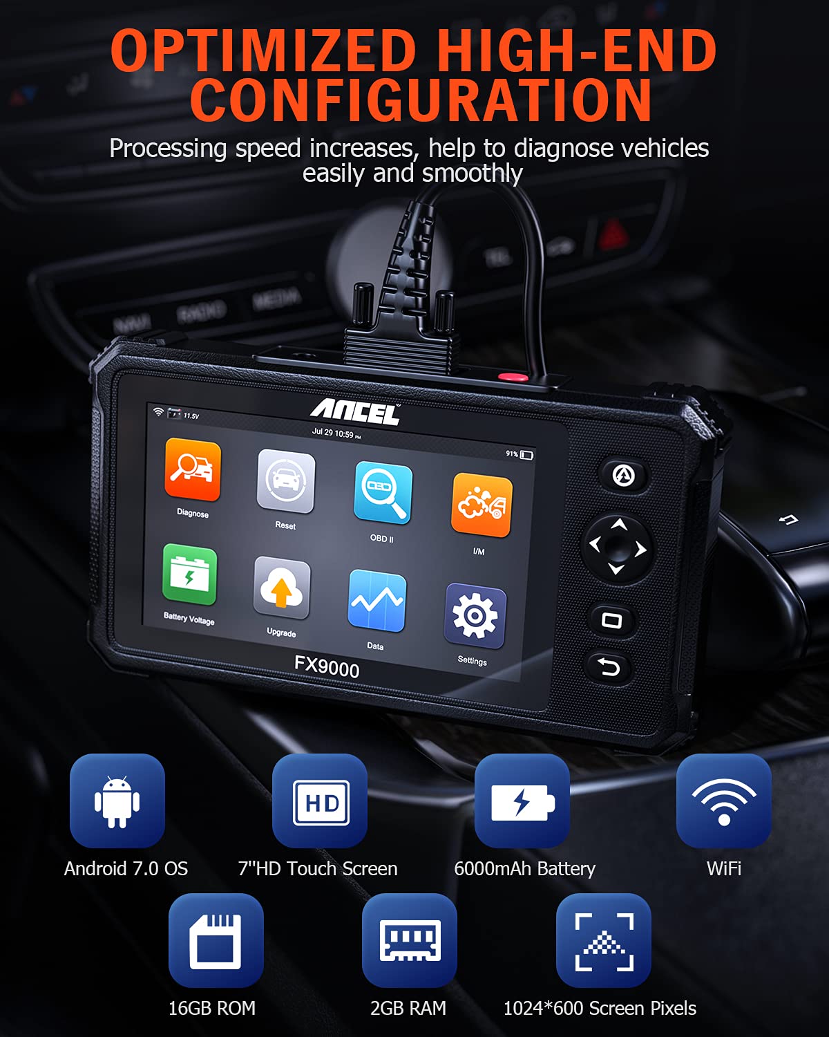 ANCEL FX9000 OBD2 Scanner Outil de Diagnostic de Tout Le Système Lecteur de Code Automobile avec 26 Services, Saignement ABS, BMS, DPF, IMMO, étalonnage SAS, EPB, TPMS, Réinitialisation de l'huile