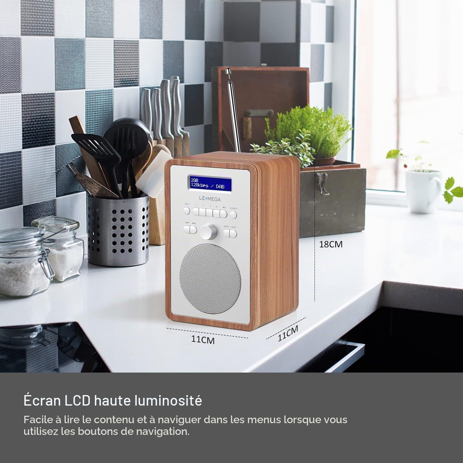 LEMEGA CR2+ Radio Dab/Dab+/FM, Secteur, Double Alarme, Noyer