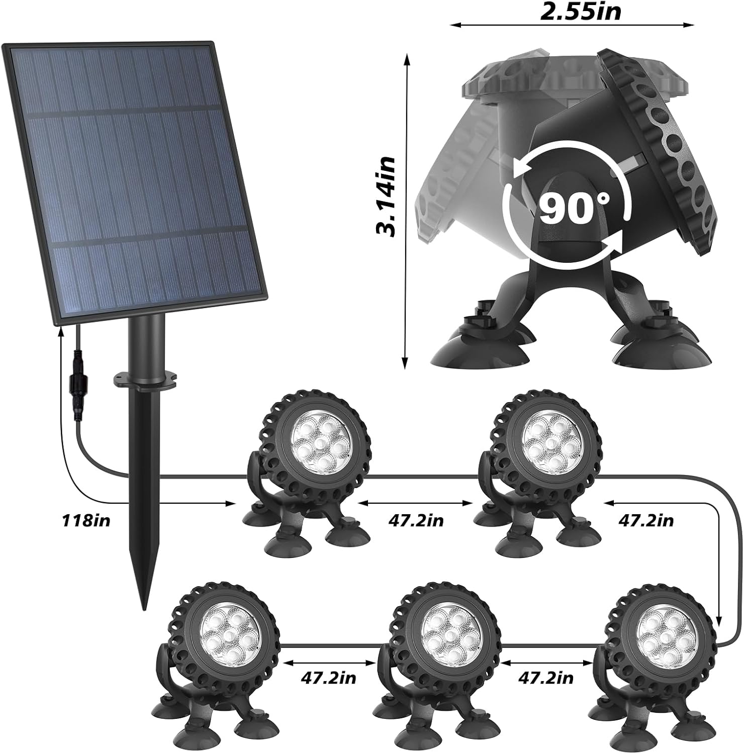 T-SUN Solar Pond Lights, 5-in-1 RGB Underwater Solar Lights, IP68 Waterproof Submersible Light for Pond, Garden, Patio, Fountain, Pool, Waterfall, Outdoor Landscape Lighting