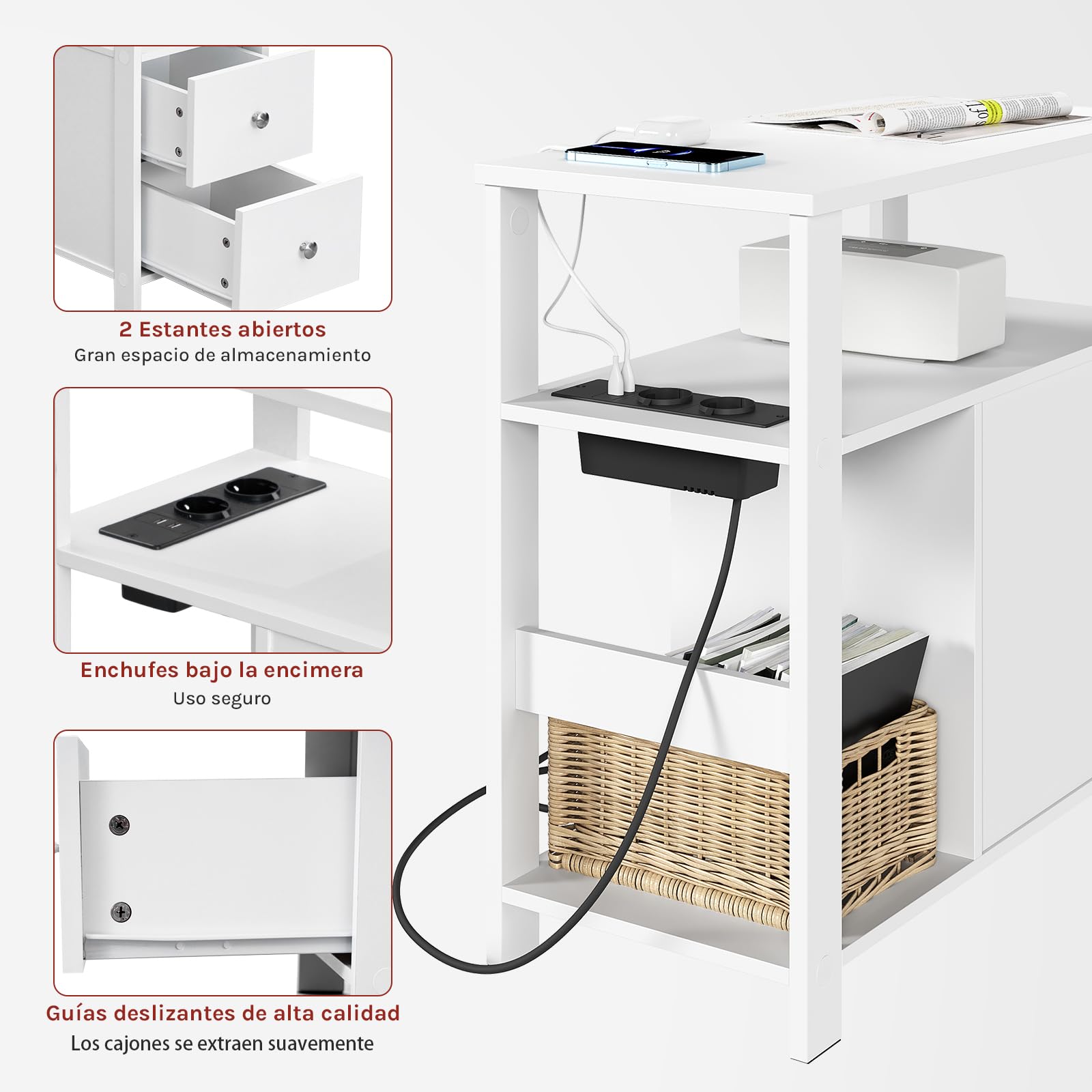 WOLTU Mesita Auxiliar con Enchufe, Mesa Centro con 2 Cajones y 2 Estantes, Mesilla con Enchufe y Puertos USB, para Salón y Dormitorio, Blanco, 60x60x30 cm, BTS28ws
