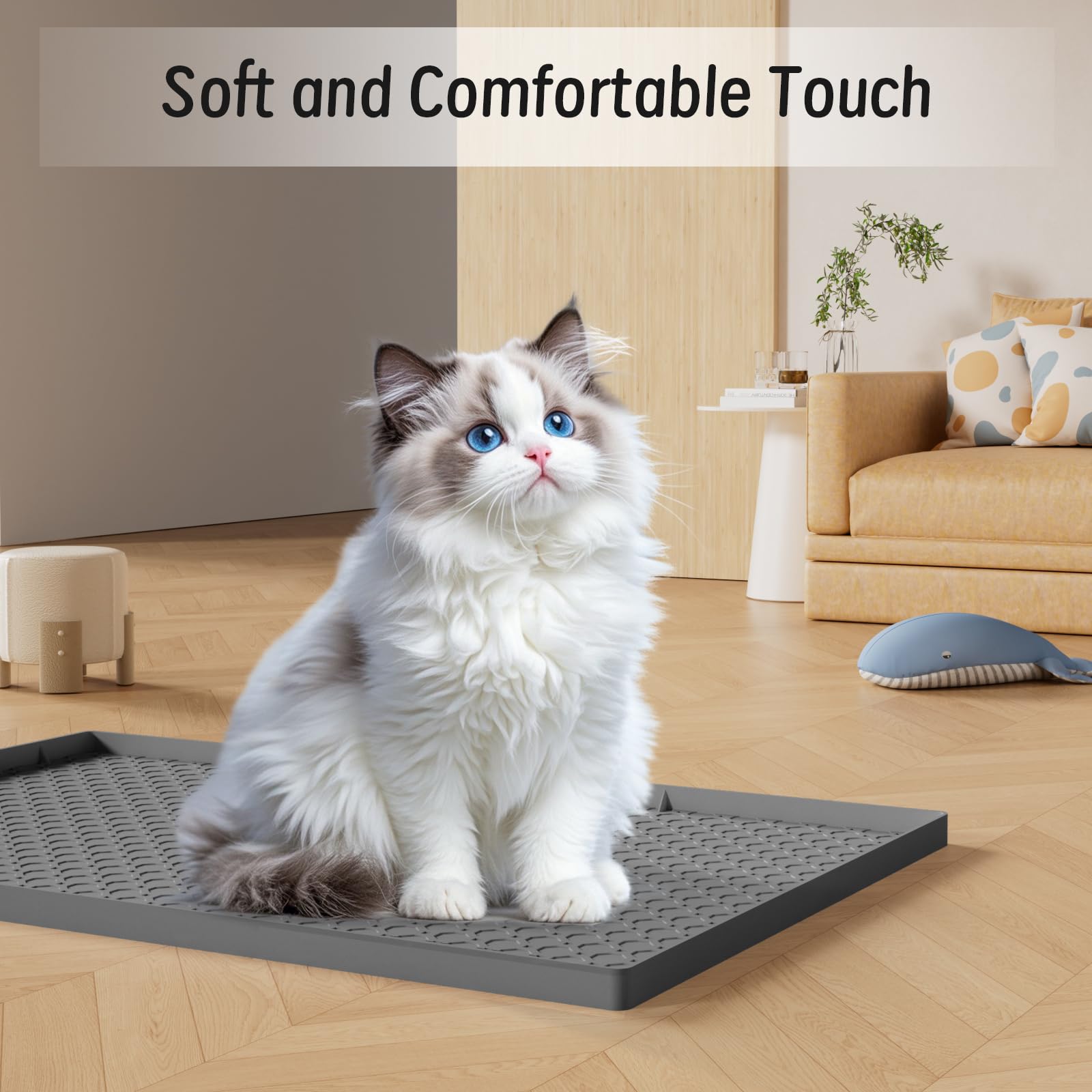Große Katzenstreu-Matte, 86,4 x 55,9 cm, Katzenstreu, Fangmatte für Katzentoilette, Silikon, mit erhöhten Kanten, wasserdicht, Beige, 2 Stück