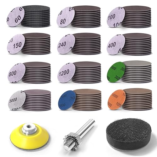 Disco de lijado de 2 pulgadas, 120 piezas de almohadillas de papel de lija de gancho y bucle húmedo y seco, 60-10000 granos, placa trasera de 14