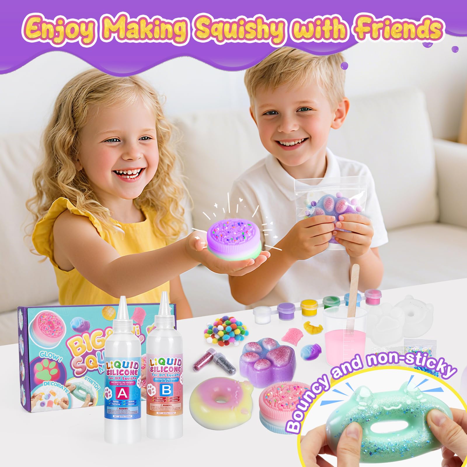 Highttoy Zestaw do tworzenia świecących w ciemności Duży Zabawek Squishy, 480ml 1:1 płynny silikon AB mieszany w stosunku 1:1 gumowe zabawki squishy z 9 foremkami i akcesoriami