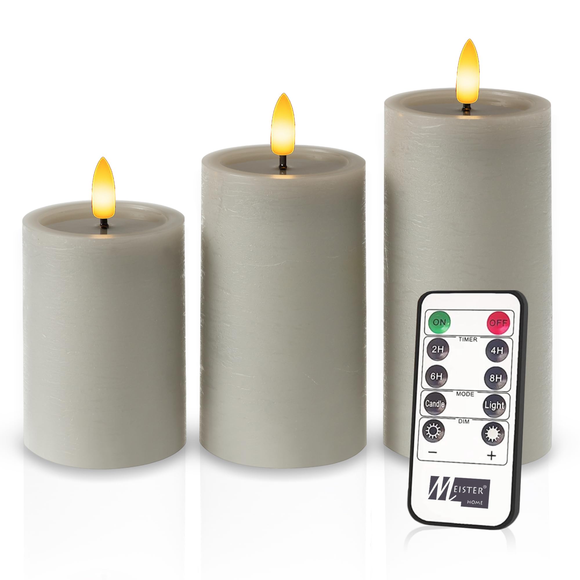 Meisterhome Juego de 3 velas LED grises, sin llama, con llama parpadeante, diseño rústico, con mando a distancia y temporizador, funciona con pilas, blanco cálido, 10/12,5/15 cm de alto