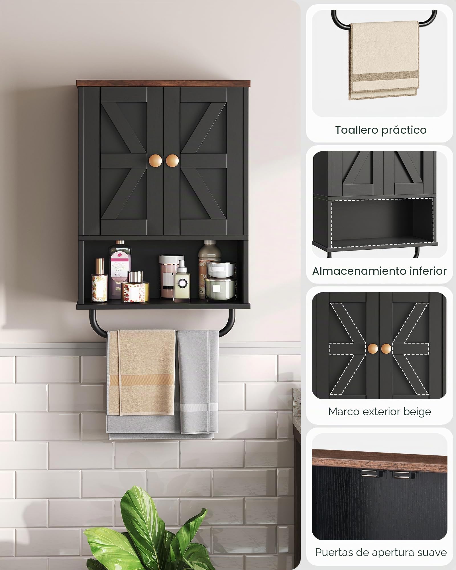 CHOEZON Mueble de Baño Colgante de 2 Puertas, Armario de Pared con Compartimento Abierto y Toallero, Botiquín, Estilo Granero, para Dormitorio, Sala de Estar, Cocina, Negro y Nogal Marrón