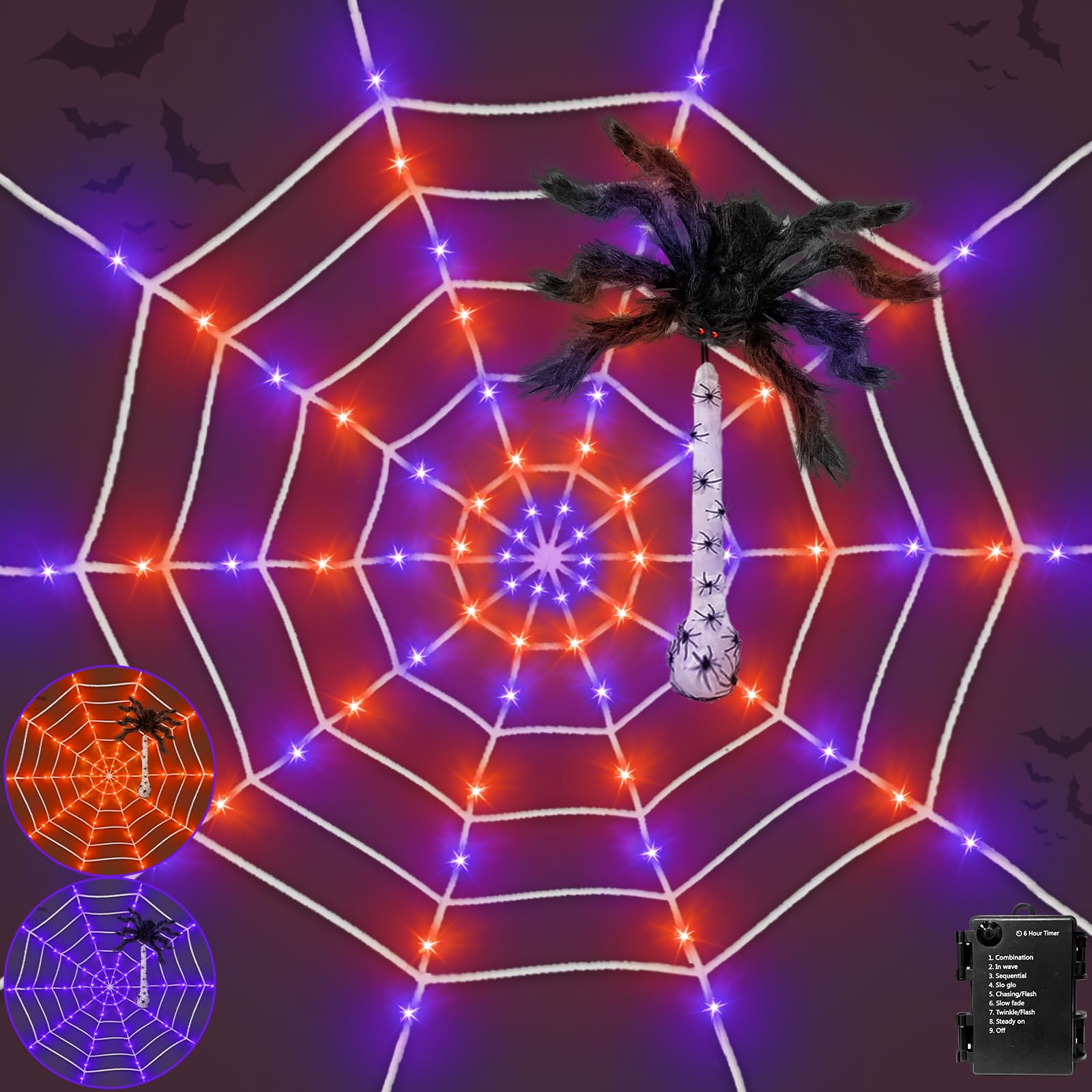 5Ft Giant Spider Web Halloween Decorations with 56 LED Orange Purple Lights Realistic Spider and Eggs 8 Modes Timer Battery Operated Waterproof Halloween Decor Outdoor Indoor for Party Yard Porch Home