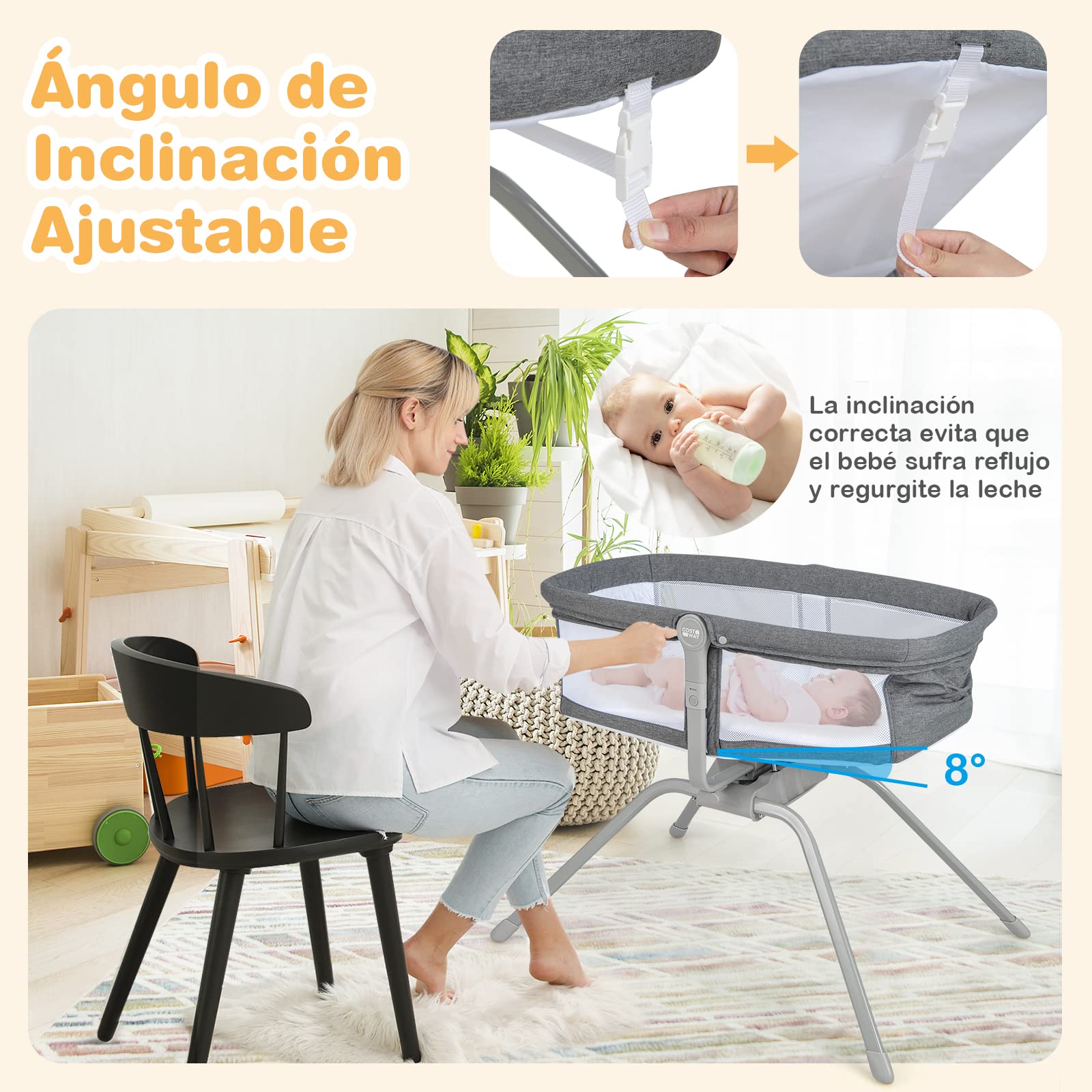 COSTWAY Cuna para Bebé Plegable, Cama de Viaje Mecedora Manual para Bebés, Cuna Portátil Plegable con Colchón y Bolsa de Transporte, Cama Cuna para Recién Nacidos