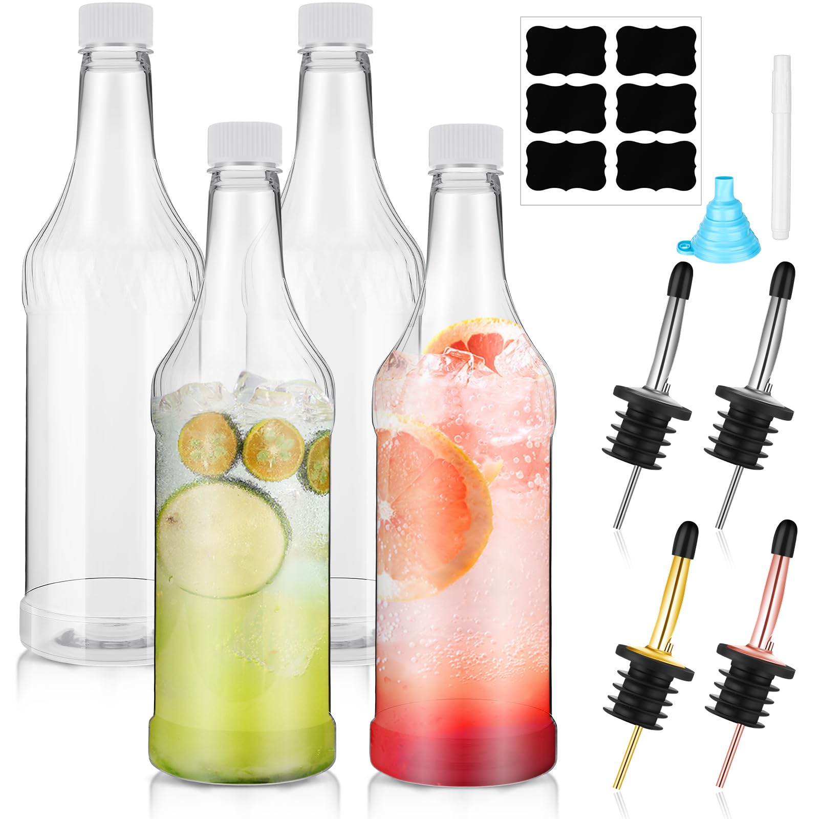 Dandat Confezione da 4 bottiglie in plastica a collo lungo con versatore e tappi, in plastica, con beccuccio affusolato in acciaio inox, per succo di liquore, 4 bottiglie e 4 versatori (multicolore)