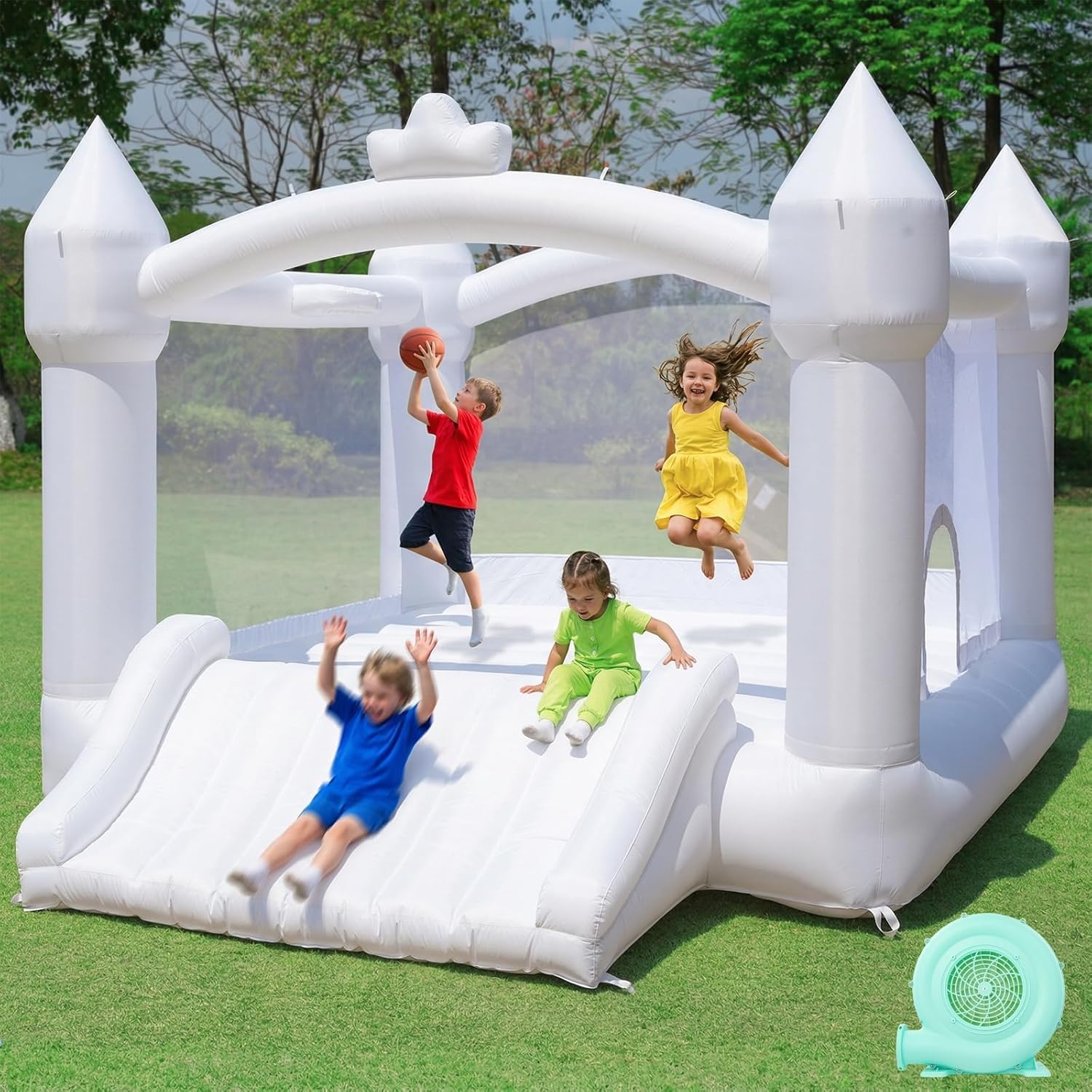 Castello Gonfiabile Bianco per Bambini con Scivolo,Canestro da Basket per Interno Esterno