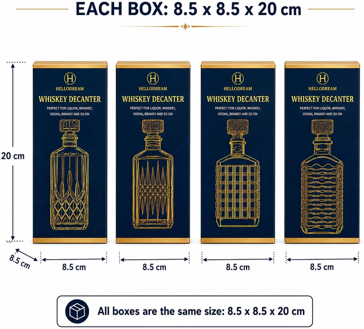 hellodream Whiskey Decanter Set of 4, 16.9oz Glass Liquor Bottles with Individual Gift Boxes, Decorative Bourbon and Scotch Bottles for Home Bar, Vodka, Brandy and Spirits