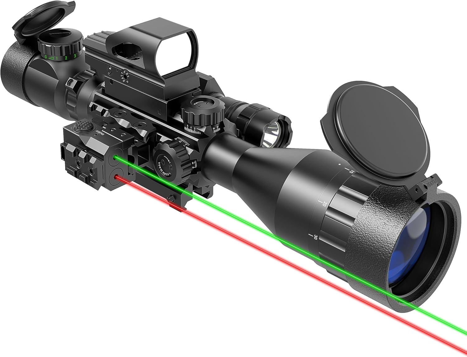 UUQ 4-12&16X50 AO Rifle Scope Red/Green Illuminated Range Finder Reticle W/Green Laser - Holographic Reflex Red Dot Sight - 5 Brightness Modes Flashlight